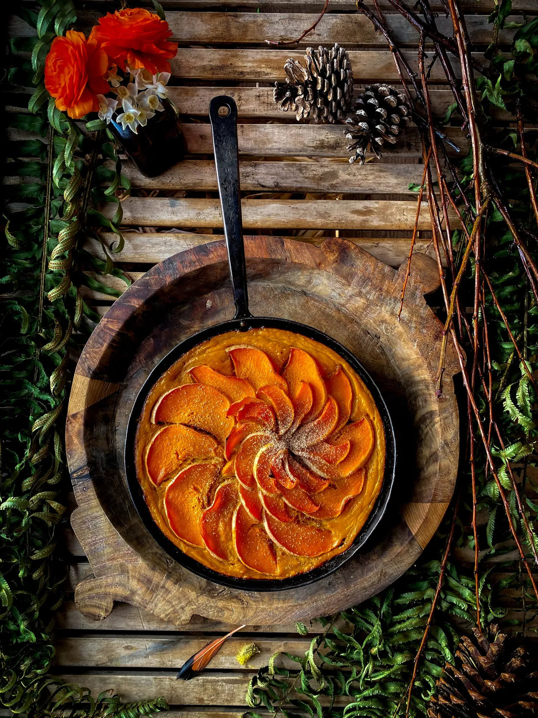 Butternut squash pie with pecan crust and spiral squash topping