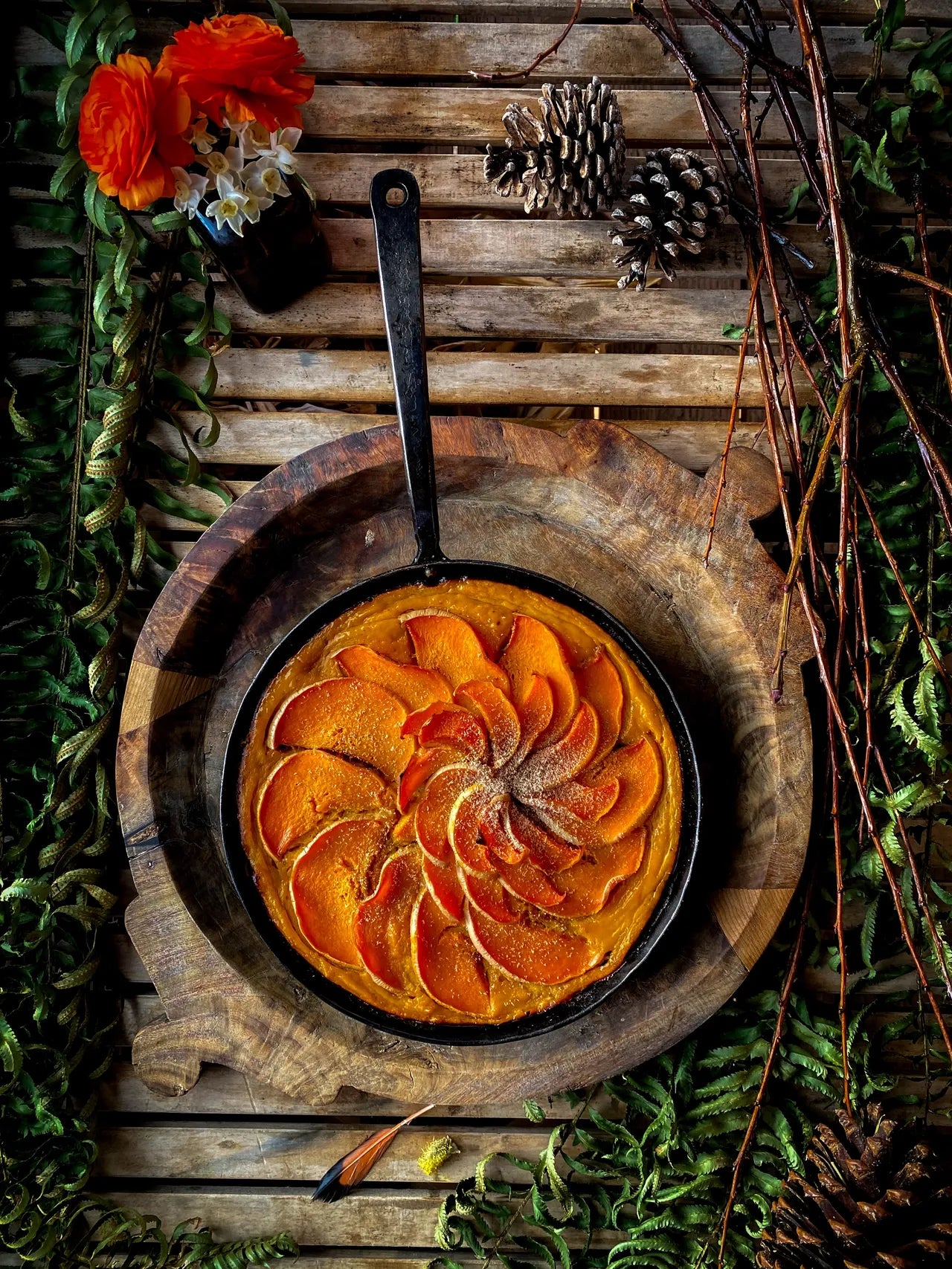 Butternut squash pie with pecan crust and spiral squash topping